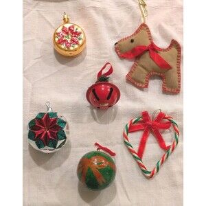 Lot Of 6 VTG Ornaments 2 Glass Poinsettia Ornaments + Various Handmade Dog Bell